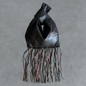 Dark brown small real leather fringe bag